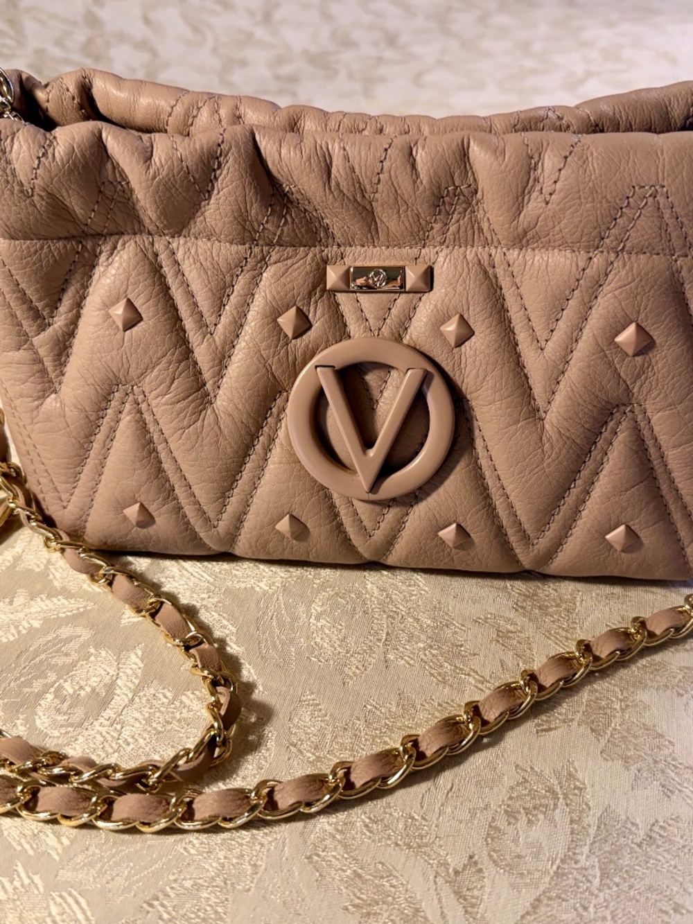 Valentino by Mario Valentino Vanille Studded Chevron Leather Crossbody Tan